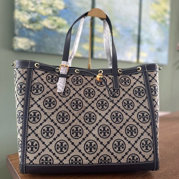 NEW! Tory Burch Jacquard Drawstring Tote -Large Navy NWT & dustbag - Picture 8 of 14